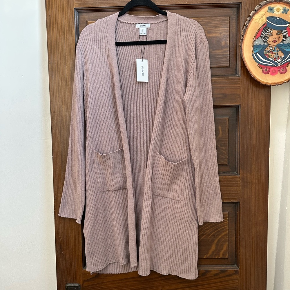 Jason Wu 2 Piece Ribbed Knit Lounge Set, Wide Leg Pants & Duster, Taupe